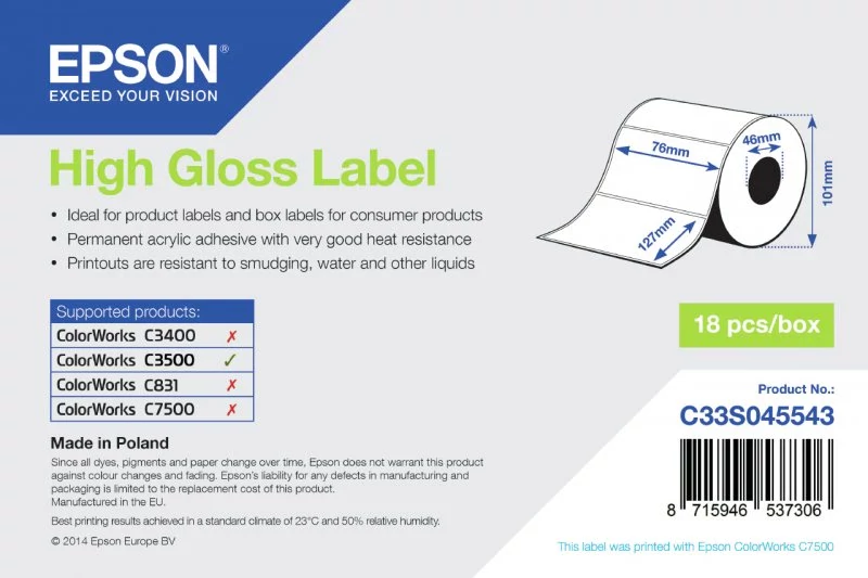 C33S045543 Etiquetas para impressão Epson High Gloss Label 76mmx127mm - Image 1