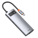 Adaptador Baseus Metal Gleam Series USB-C 6-em-1 (HDMI + USB-A 3.2 + USB-C 100W + RJ45) Cinza
