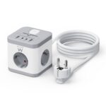 Bloco Tomada Ewent EW3863 Power Tower 3 Tomadas Schuko 16A + 2 USB-A + 2 USB-C 2m Branca/Cinza