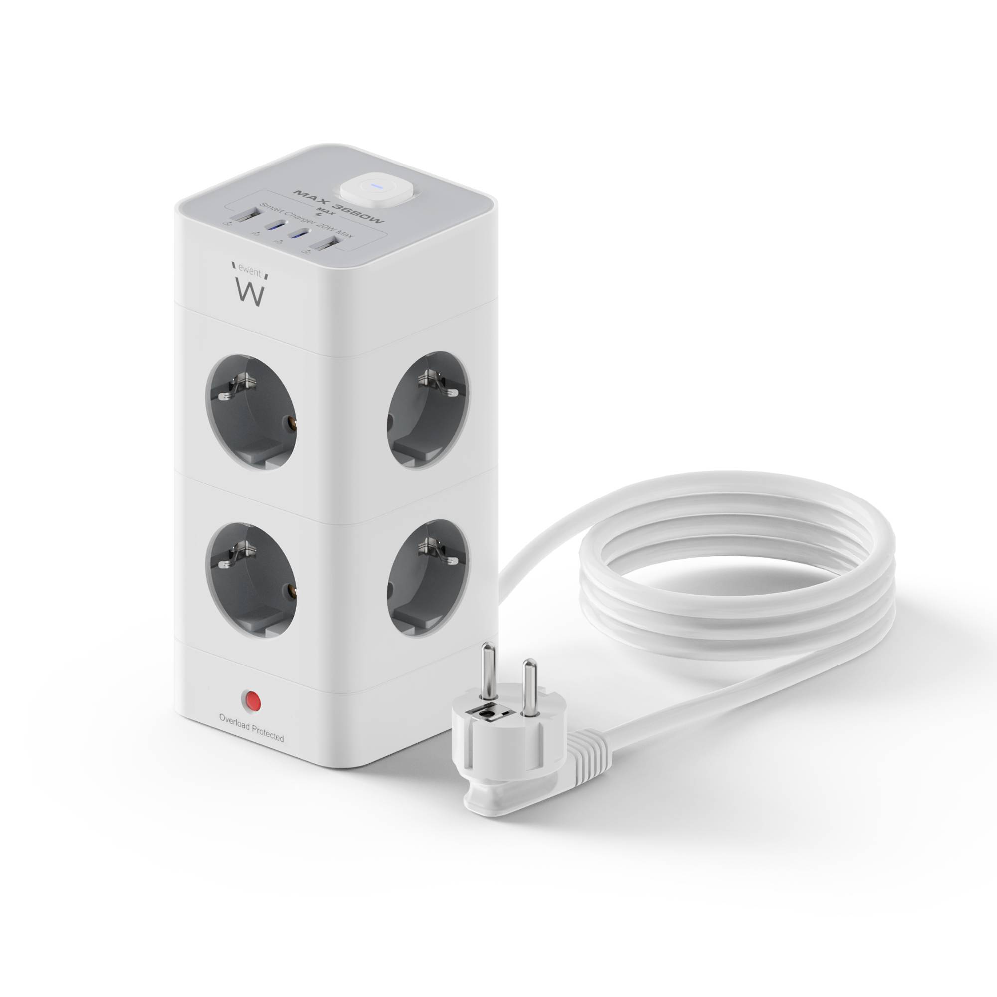 EW3864_image_01_415bb31f_thumbnail_4096 Bloco Tomada Ewent EW3864 Power Tower 8 Tomadas Schuko 16A + 2 USB-A + 2 USB-C 2m Branca/Cinza - Image 1